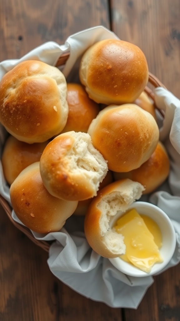 A basket of warm yeast rolls brushed with butter, accompanied by honey butter, on a wooden table.